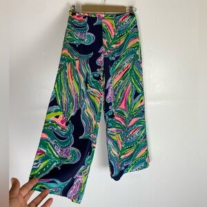 Lilly Pulitzer Tropical Palm Floral Print Wide Leg Pants Size 2 High Rise Silky